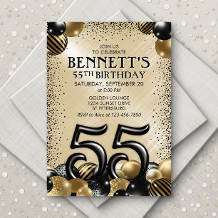 Invitation 55e Ballons Black Gold Anniversaire