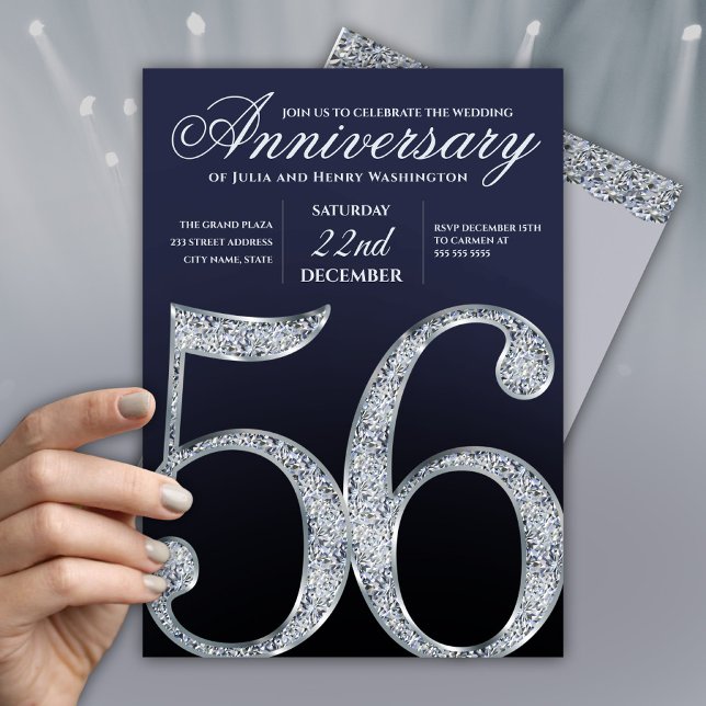 Invitation 56e Anniversaire Moderne Bleu Marine Argent Diaman (Créateur téléchargé)