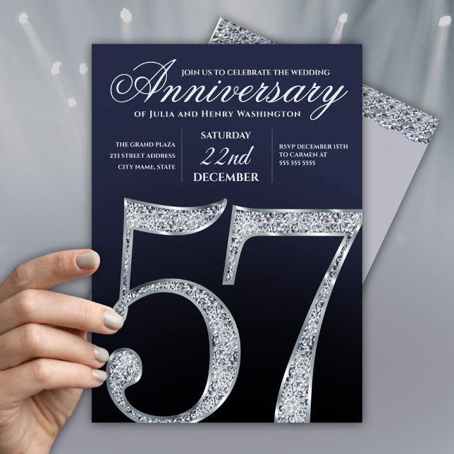 Invitation 57e Anniversaire Diamant Argent Bleu Marine Modern (Créateur téléchargé)