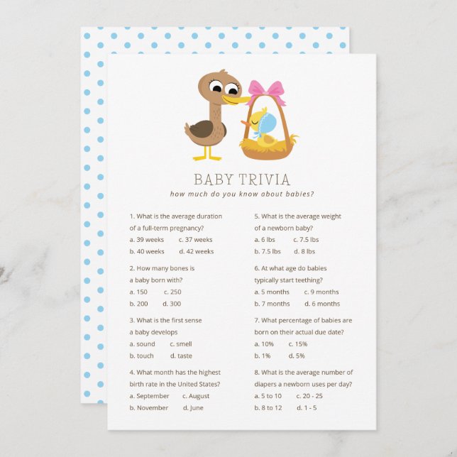 Invitation 5 Petits Canards Trivia bébé | Baby shower garçon (Devant / Derrière)