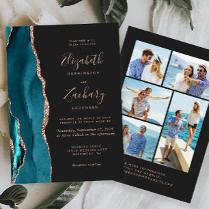 Invitation 5-Photo Bleu Canard Or Rose Agate Sombre Mariage