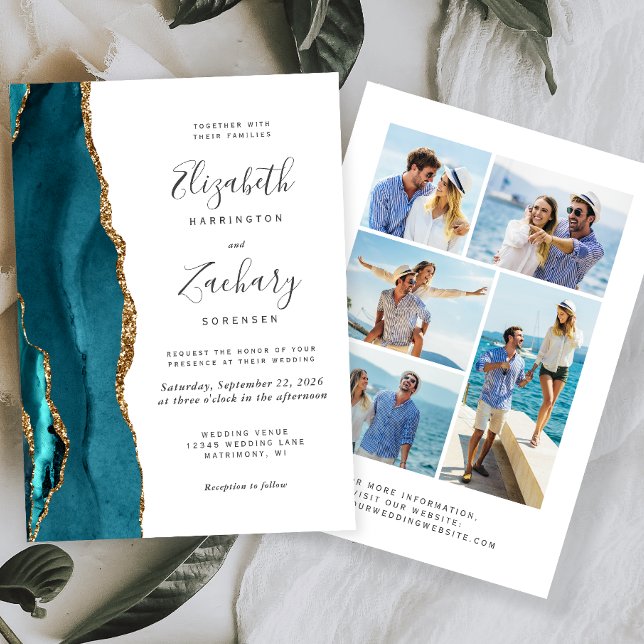 Invitation 5-Photo Bleu Sarcelle Or Agate Mariage (Créateur téléchargé)