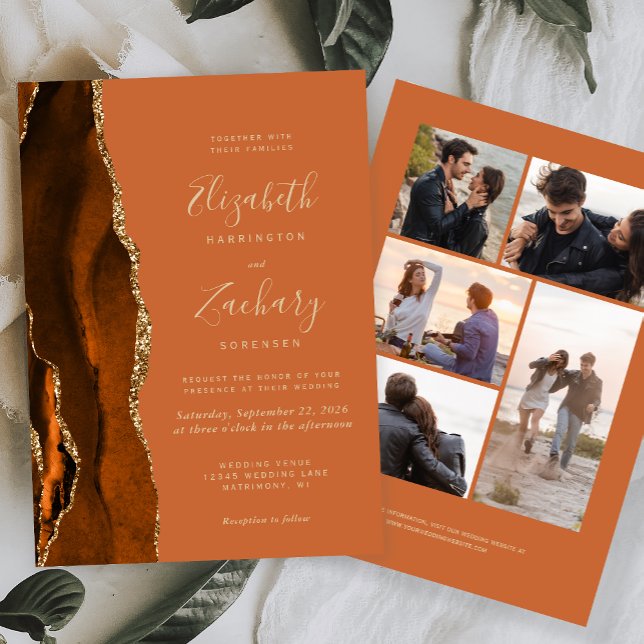 Invitation 5-Photo Brûlé Orange Or Agate Tan Mariage (Créateur téléchargé)