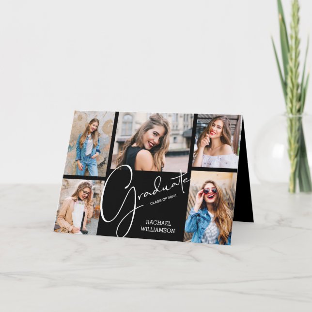 Invitation 5 Photo Collage de fin d'études plié noir (Devant)