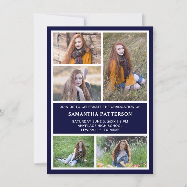 Invitation 5 Photo Collage Marine Bleu & Blanc Graduation (Devant)