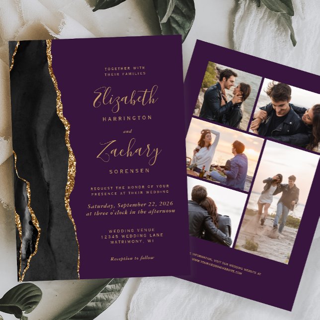 Invitation 5-Photo Or Agate Noir Violet Mariage (Créateur téléchargé)