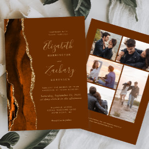 Invitation 5-Photo Orange Brûlé Agate Marron Muscade Mariage