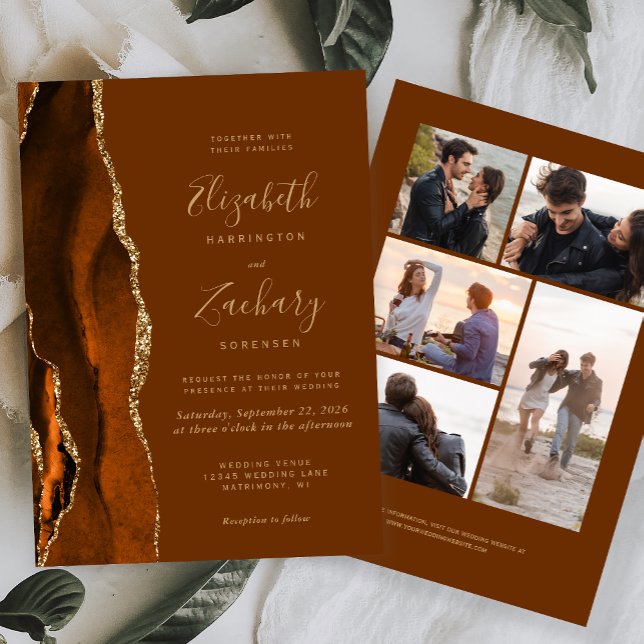 Invitation 5-Photo Orange Brûlé Agate Marron Muscade Mariage (Créateur téléchargé)