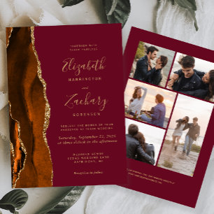 Invitation 5-Photo Orange Brûlé Or Agate Bordeaux Mariage