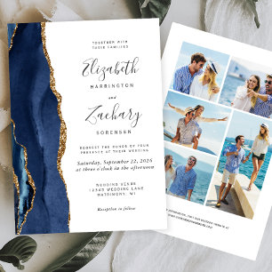 Invitation 5-Photos Mariage Bleu Nuit Agate Or