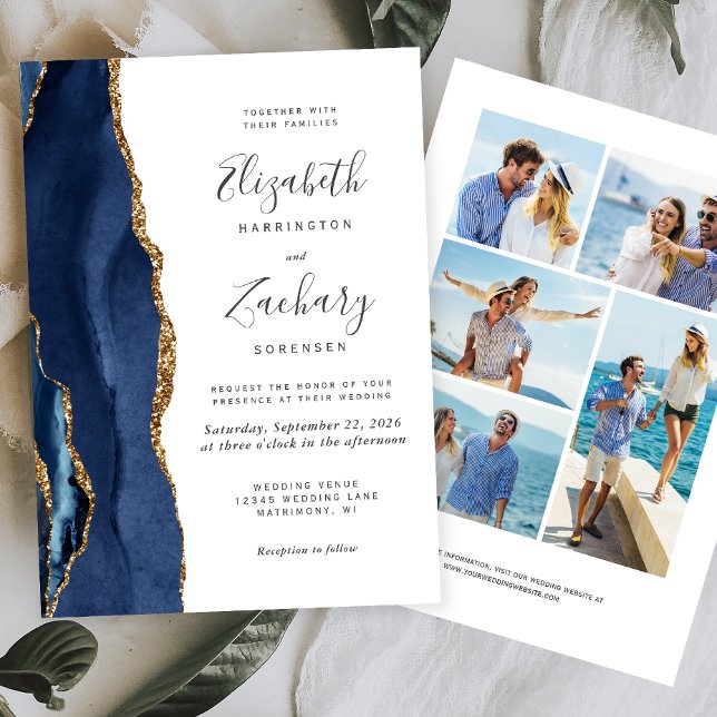 Invitation 5-Photos Mariage Bleu Nuit Agate Or (Créateur téléchargé)