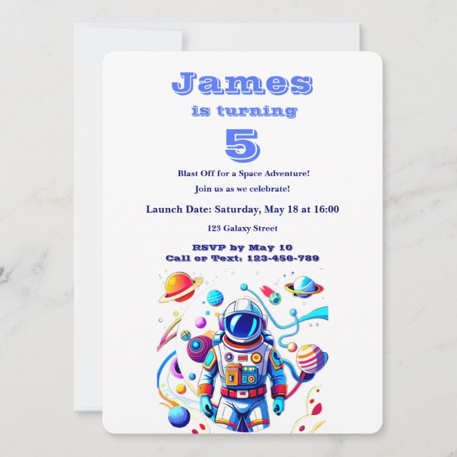 Invitation 5 Year Old Space Birthday Custom Astronaut Orbit  (Devant)