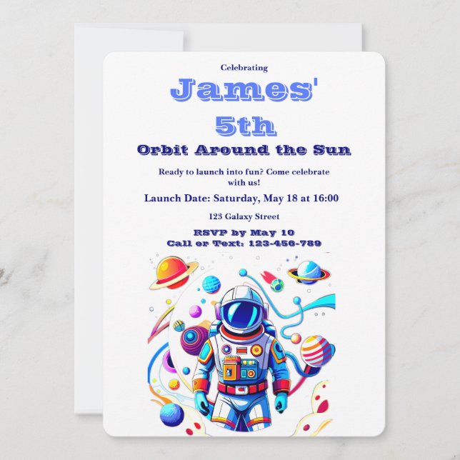 Invitation 5 Year Old Space Birthday Custom Astronaut Orbit  (Devant)