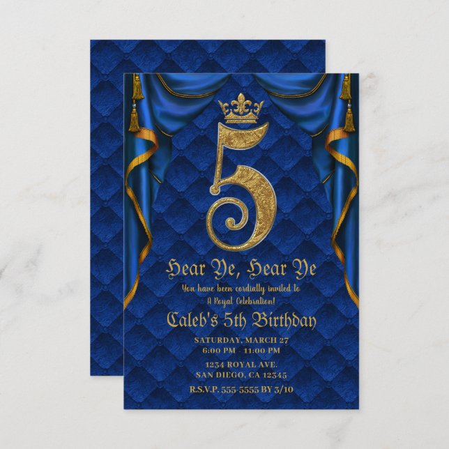 Invitation 5e 5 fête d'anniversaire Royal Blue Gold Crown (Devant / Derrière)