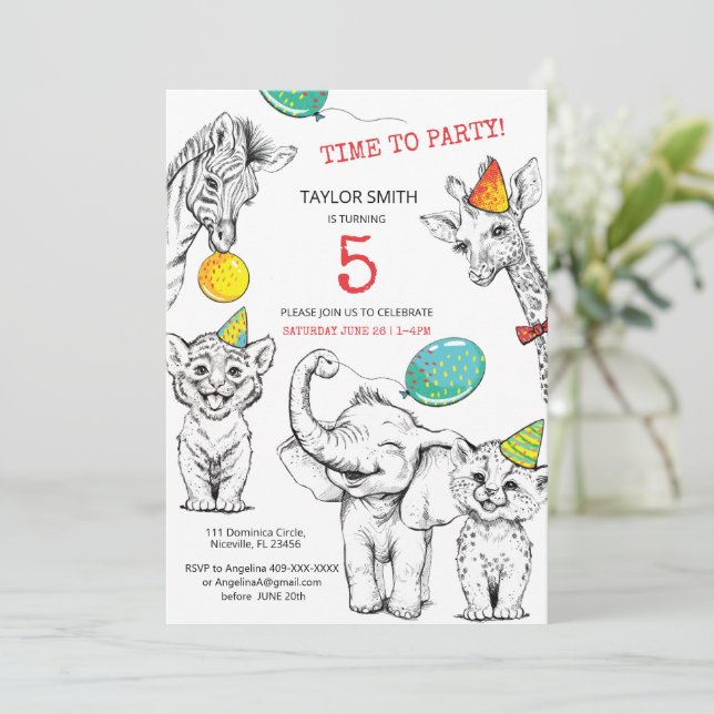 Invitation 5e anniversaire avec drôle animal migno (Debout devant)