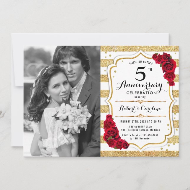 Invitation 5e anniversaire avec photo - Or Rouge Blanc (Devant)