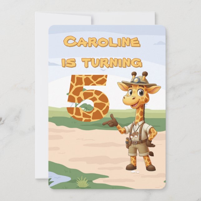 Invitation 5e anniversaire Cute Explorer Giraffe sur safari (Devant)