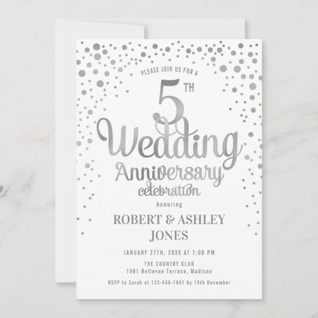 Invitation 5e anniversaire de mariage - Argent et Blanc (Devant)
