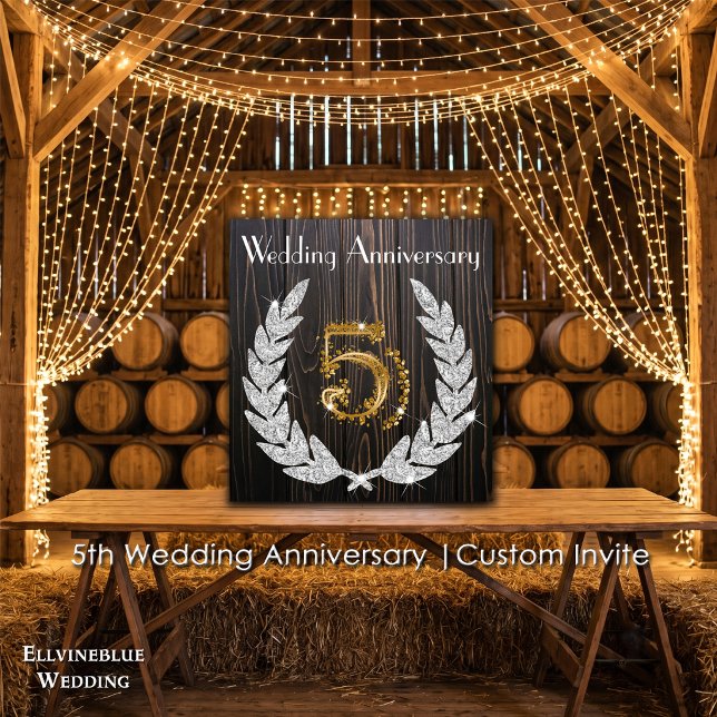 Invitation 5e anniversaire de mariage | Bois rustique et or (5th Wedding Anniversary Invite | Rustic Wood & Diamond Laurel. Size: 5.25” x 5.25”)