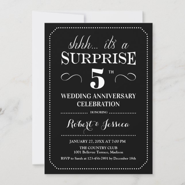Invitation 5e anniversaire du Mariage surprise - noir blanc (Devant)