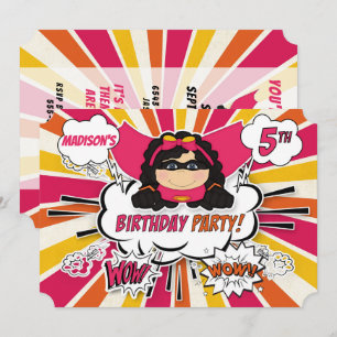 Invitation 5e anniversaire Filles de fête Superhero Pink Comi