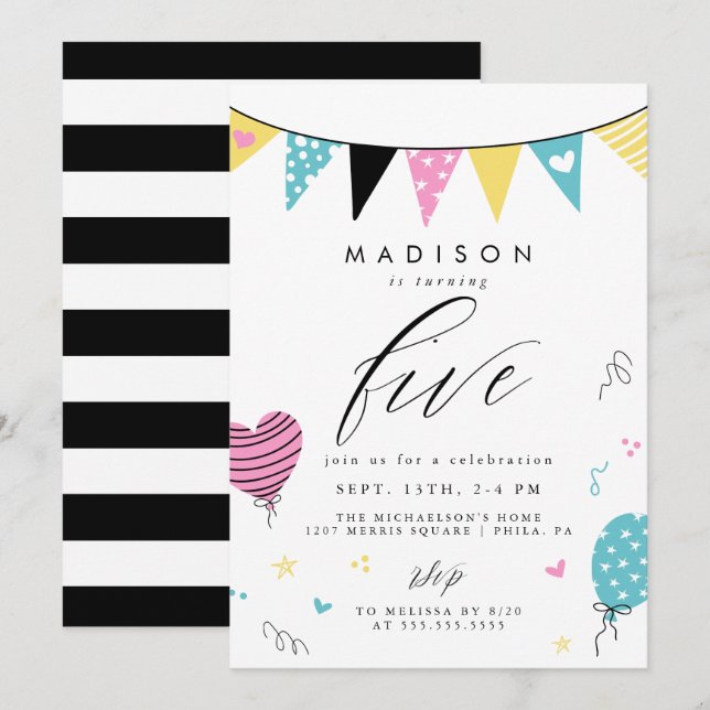 Invitation 5E ANNIVERSAIRE | Jolie fête d'anniversaire Doodle (Devant / Derrière)