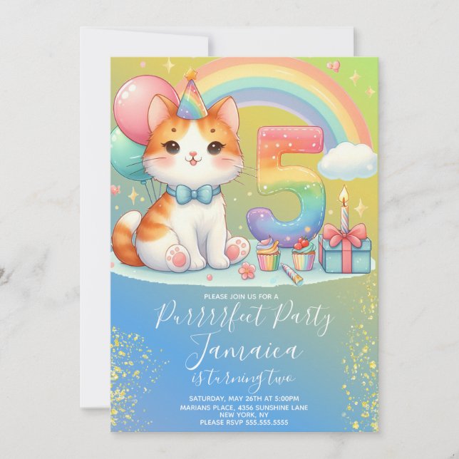 Invitation 5e anniversaire Kitten Rainbow Party (Devant)