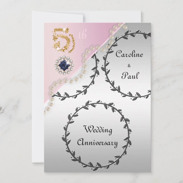 Invitation 5e anniversaire Mariage Embossed Silver, or Rose (Devant)
