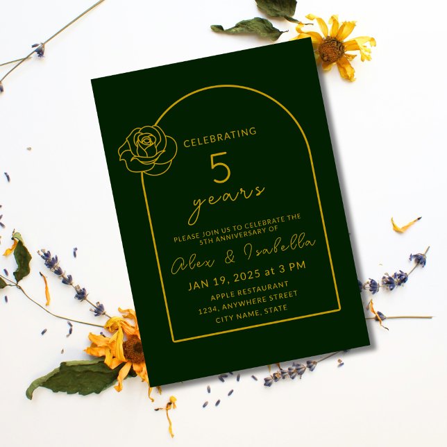 Invitation 5e anniversaire Mariage moderne vert et or (Modern, elegant, minimalist green and gold custom 5th year wood wedding anniversary invitation.png)