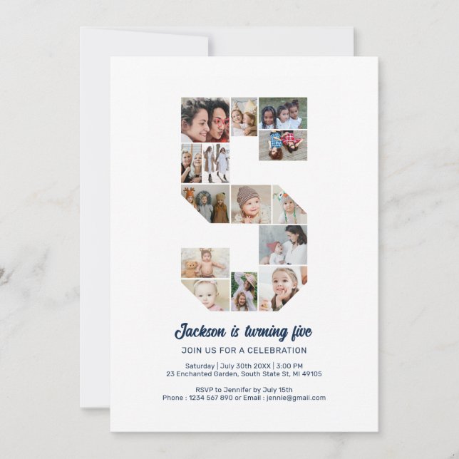 Invitation 5e anniversaire Numéro 5 Photo personnalisée Colla (Devant)