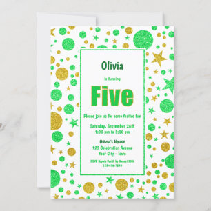 Invitation 5e anniversaire Parties scintillant verte et or