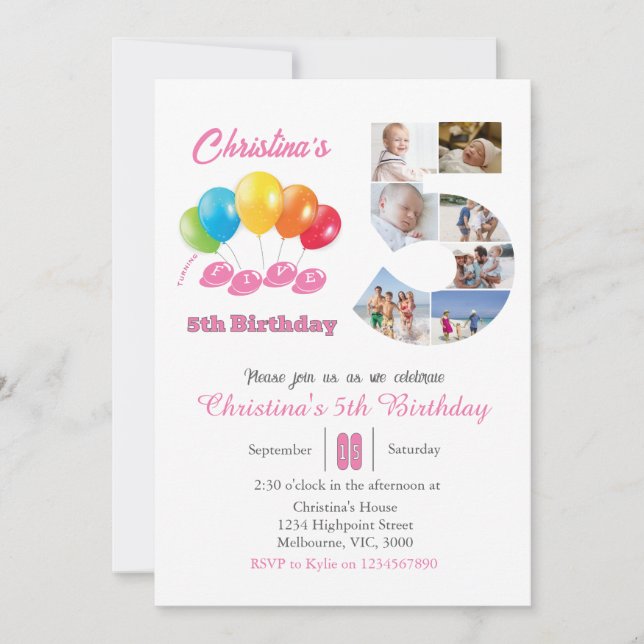 Invitation 5e anniversaire photo collage numéro 5 Fille (Devant)