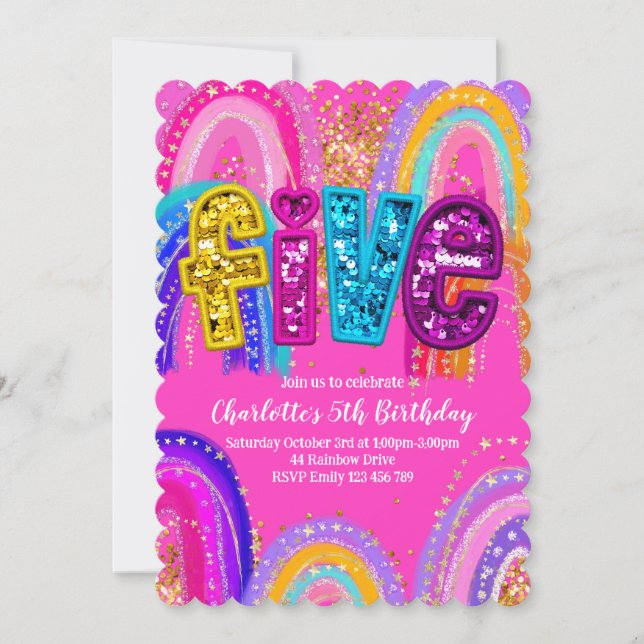 Invitation 5e anniversaire Rainbow Hot Pink Scalloped Invitat (Devant)