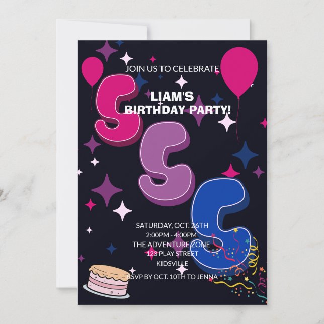 Invitation 5e anniversaire vibrant | Confettis rose et bleu (Devant)