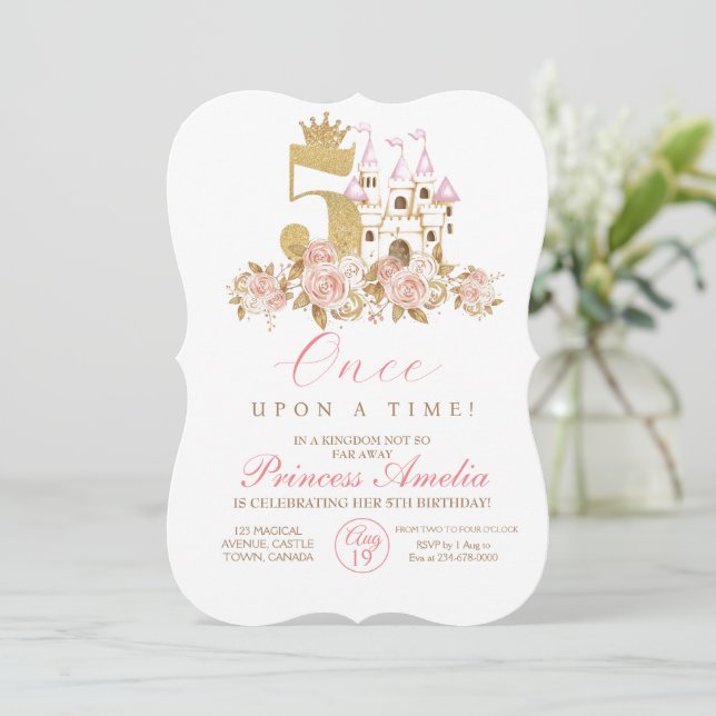Invitation 5e Château Gold Couronne Princesse Florale Anniver (Debout devant)