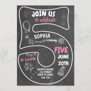 Invitation 5e Fille Anniversaire Chalkboard Numéro rose