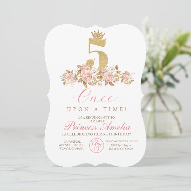 Invitation 5e mignonne rose or couronne princesse Anniversair (Debout devant)