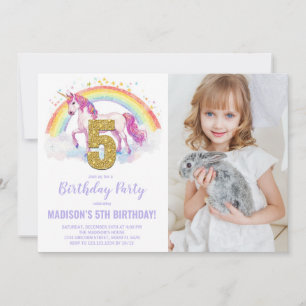 Invitation 5e Rainbow Unicorn photo d'anniversaire des invita