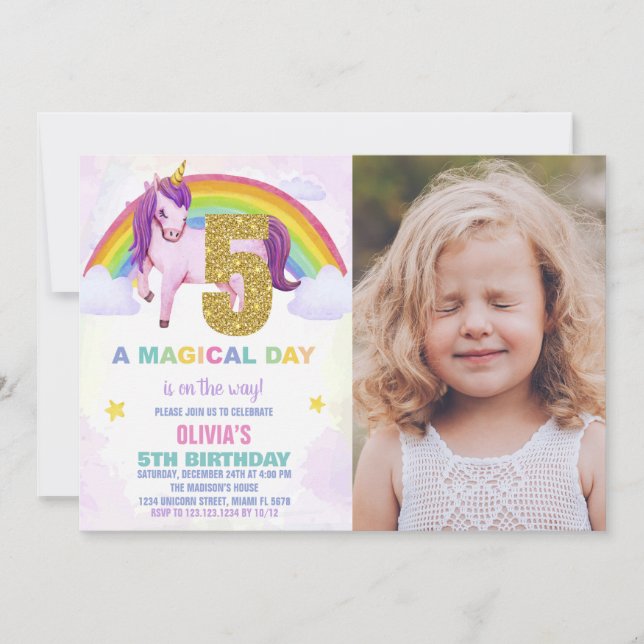 Invitation 5e Rainbow Unicorn photo d'anniversaire des invita (Devant)