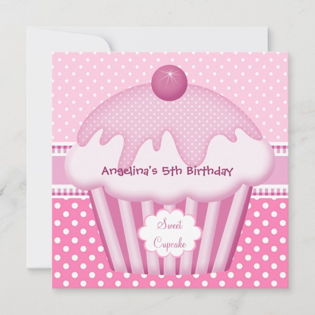 Invitation 5ème Cupcake Sucré Taches Blanches Roses Filles (Devant)