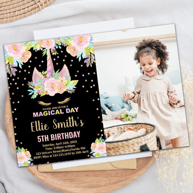 Invitation 5ème Floral Black Photo Unicorn Anniversaire (5th Floral Black Photo Unicorn Birthday Invitation)