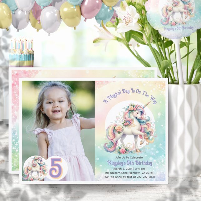 Invitation 5ème Unicorn Pastel Radiant Rainbow Photo (5th Five Unicorn Pastel Radiant Rainbow Photo Invitation)