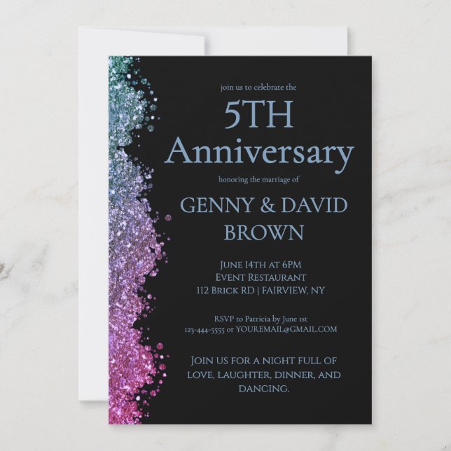Invitation 5th Wedding Anniversary Blue Purple Faux Glitter  (Devant)