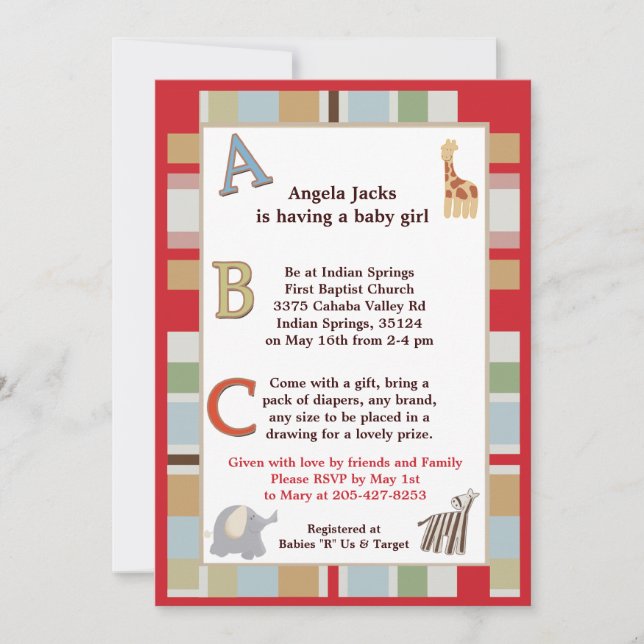 Invitation 5x7 ABC Alphabet Soupe Baby shower rayé (Devant)