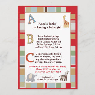 Invitation 5x7 ABC Alphabet Soupe Baby shower rayé