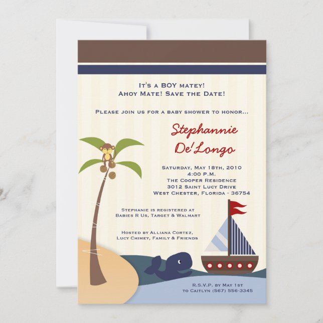 Invitation 5x7 Ahoy Mate Baby shower de baleines à voile Invi (Devant)