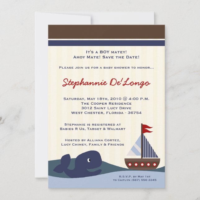 Invitation 5x7 Ahoy Mate Sailboat Baby shower de baleines Inv (Devant)