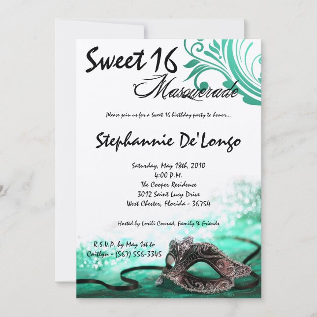 Invitation 5x7 Aqua Masquerade Sweet 16 Anniversaire Invitati (Devant)