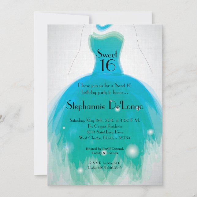 Invitation 5x7 Aqua Robe Turquoise Sweet 16 Anniversaire Invi (Devant)