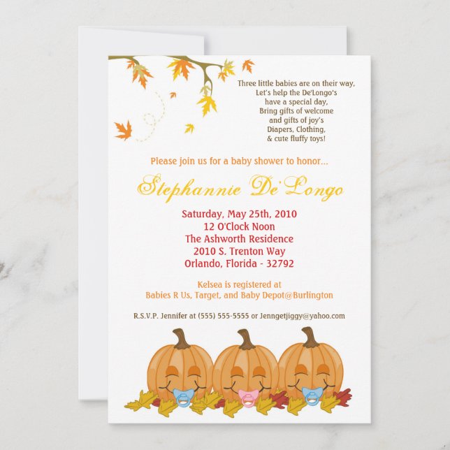 Invitation 5x7 Automne Feuilles TRIPLETS Baby shower Invitati (Devant)